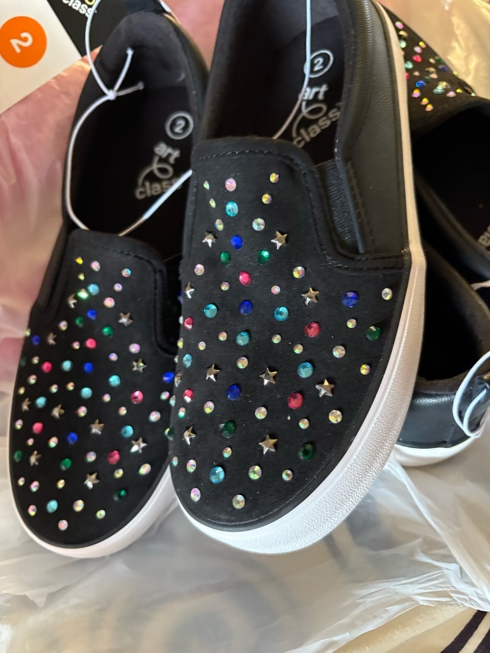 NWT-Kids Sz.2 Art Class Girls' Black Slip-On Sneakers & Multicolor rhinestones